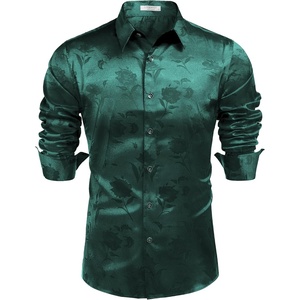 COOFANDY Men’s Stain Dress Shirts Jacquard Long Sleeve Floral Button Up Shirts Party Prom Wedding Shirt(Green Rose Jacquard)