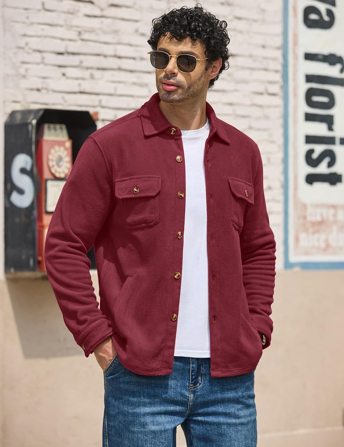image:imageCOOFANDY Mens Fleece Shacket Button Down Shirt Jacket Winter Warm CoatWine Red