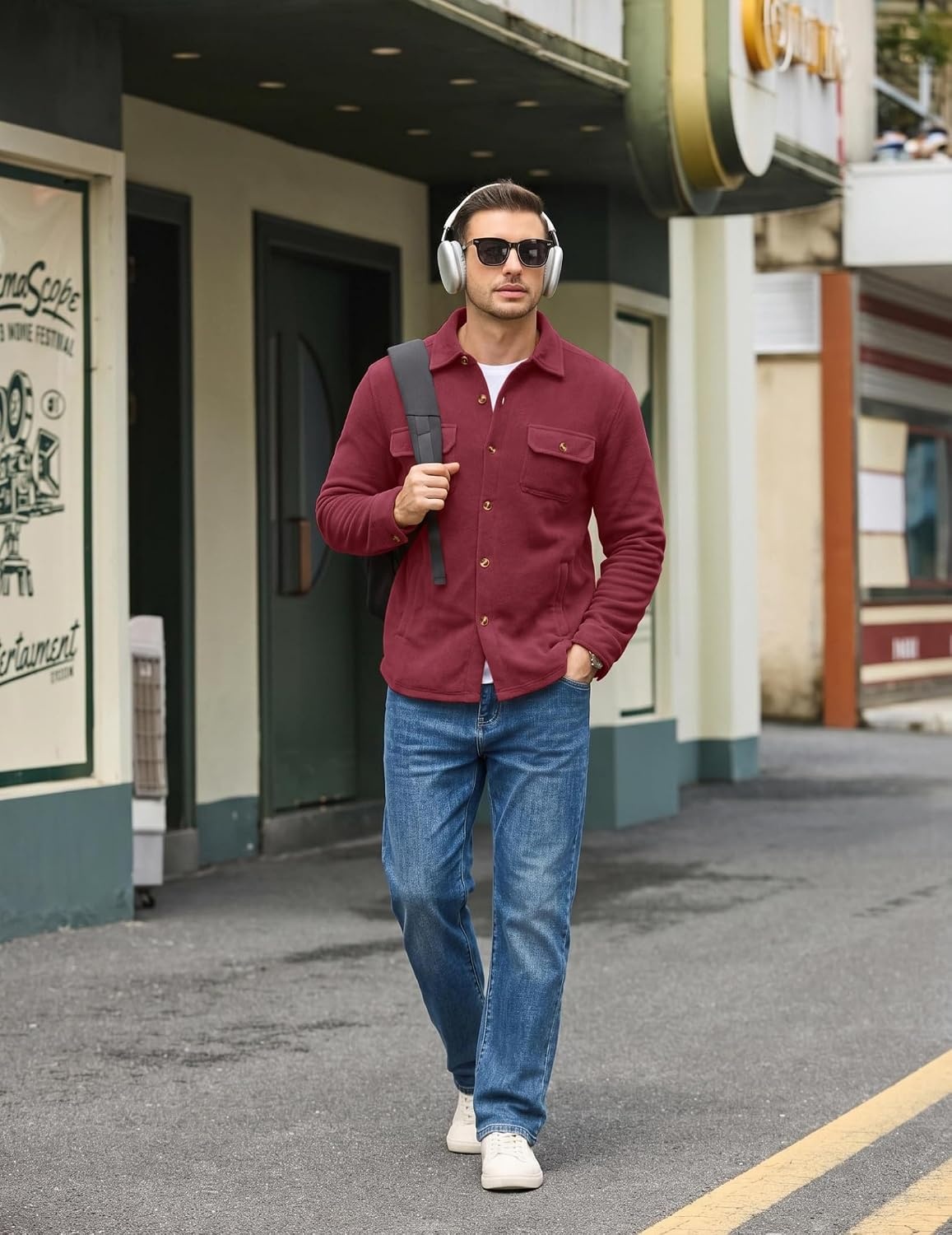 image:imageCOOFANDY Mens Fleece Shacket Button Down Shirt Jacket Winter Warm CoatWine Red