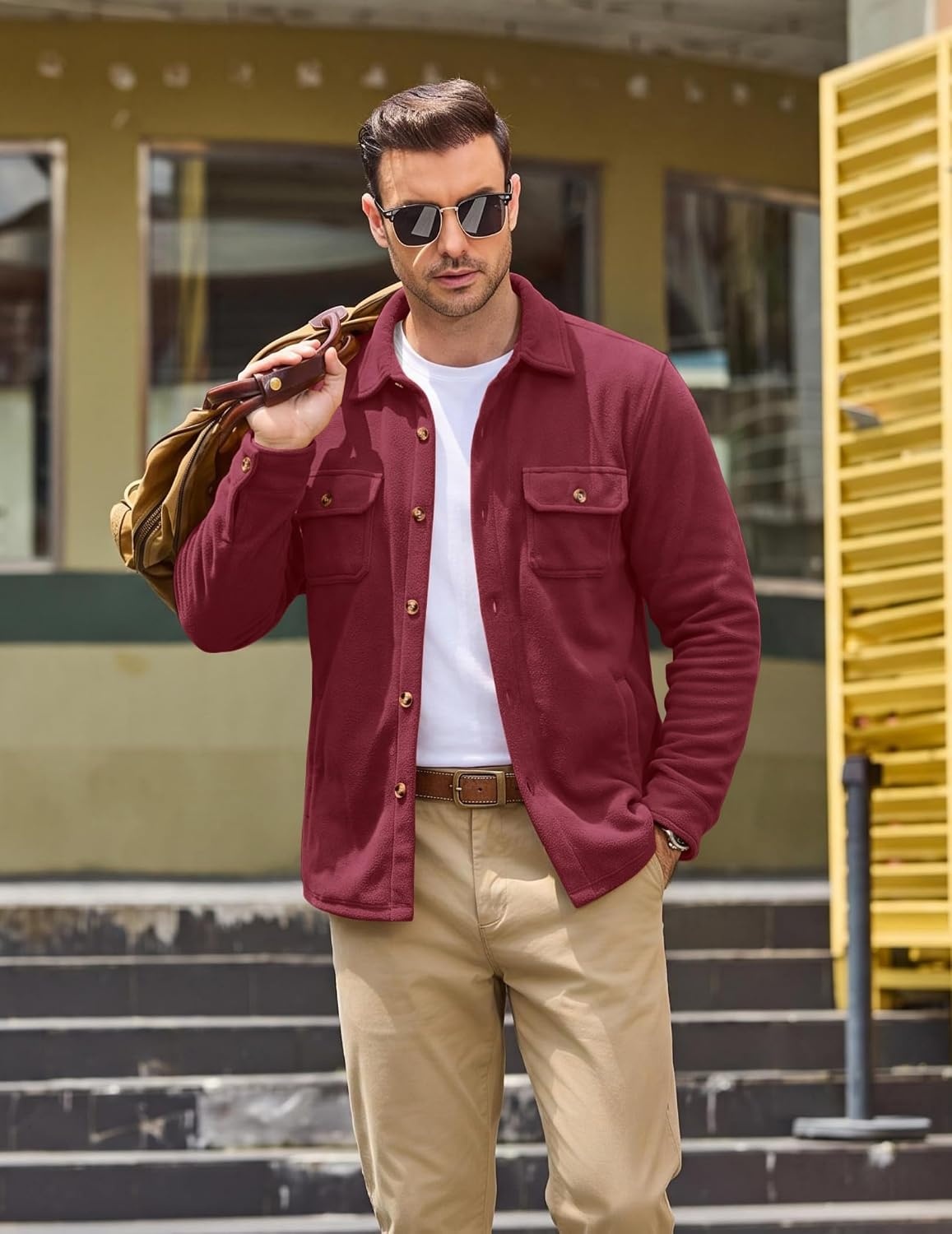 image:imageCOOFANDY Mens Fleece Shacket Button Down Shirt Jacket Winter Warm CoatWine Red