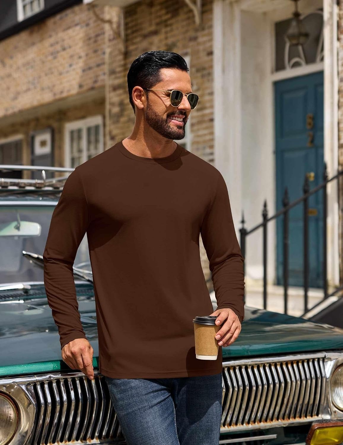 image:imageCOOFANDY Mens T Shirts Long Sleeve Cotton Blend TShirts Casual Crew Neck Soft Basic Tee ShirtsBrown