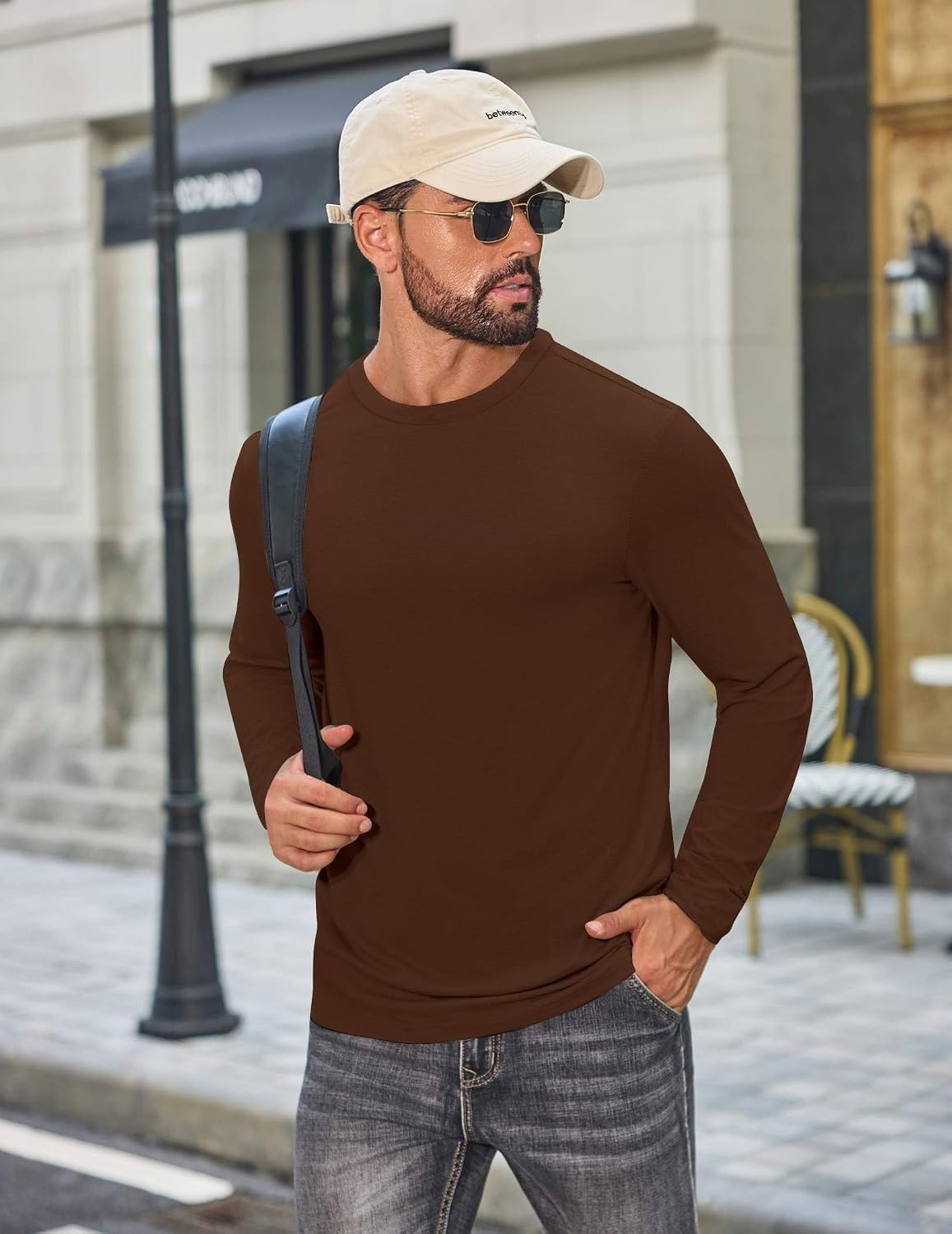 image:imageCOOFANDY Mens T Shirts Long Sleeve Cotton Blend TShirts Casual Crew Neck Soft Basic Tee ShirtsBrown