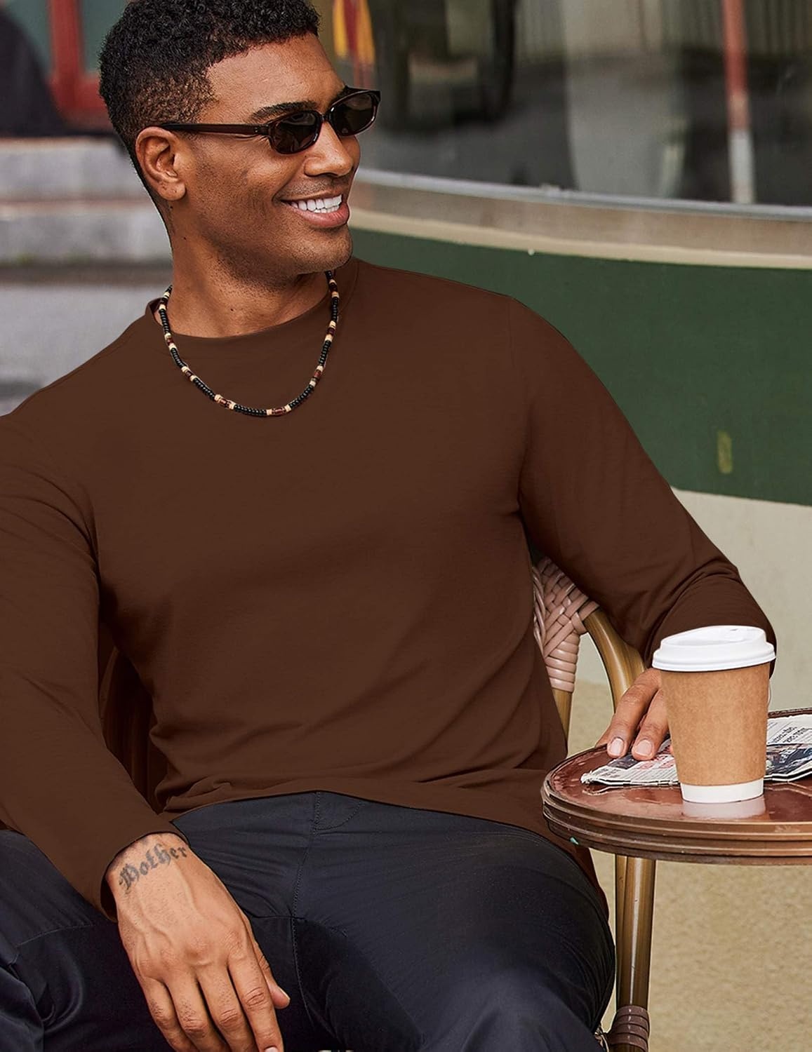image:imageCOOFANDY Mens T Shirts Long Sleeve Cotton Blend TShirts Casual Crew Neck Soft Basic Tee ShirtsBrown