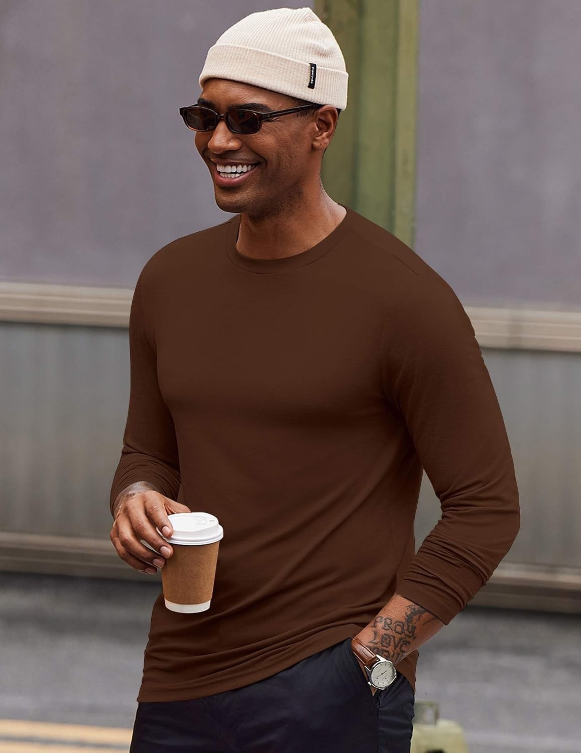 image:imageCOOFANDY Mens T Shirts Long Sleeve Cotton Blend TShirts Casual Crew Neck Soft Basic Tee ShirtsBrown