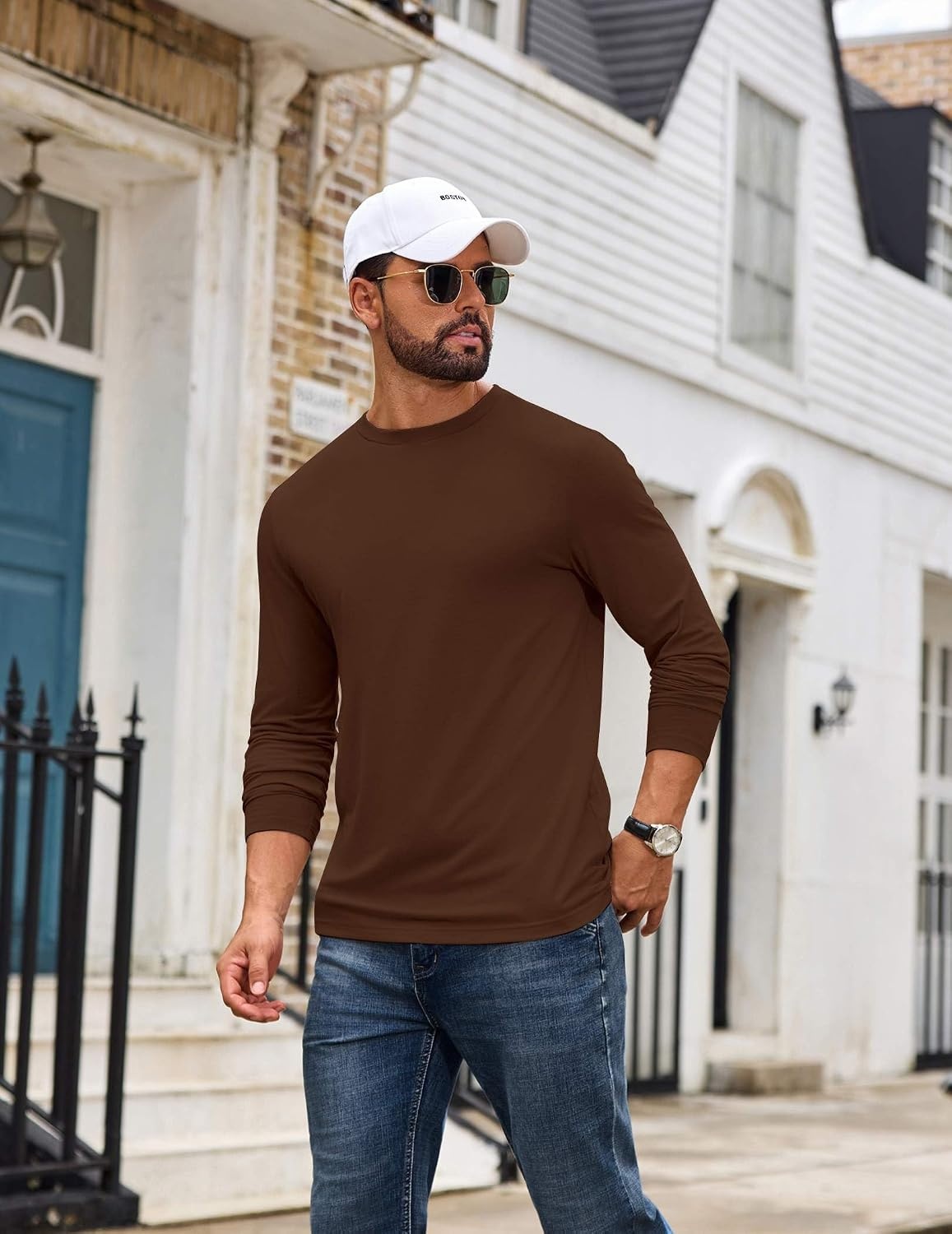 image:imageCOOFANDY Mens T Shirts Long Sleeve Cotton Blend TShirts Casual Crew Neck Soft Basic Tee ShirtsBrown