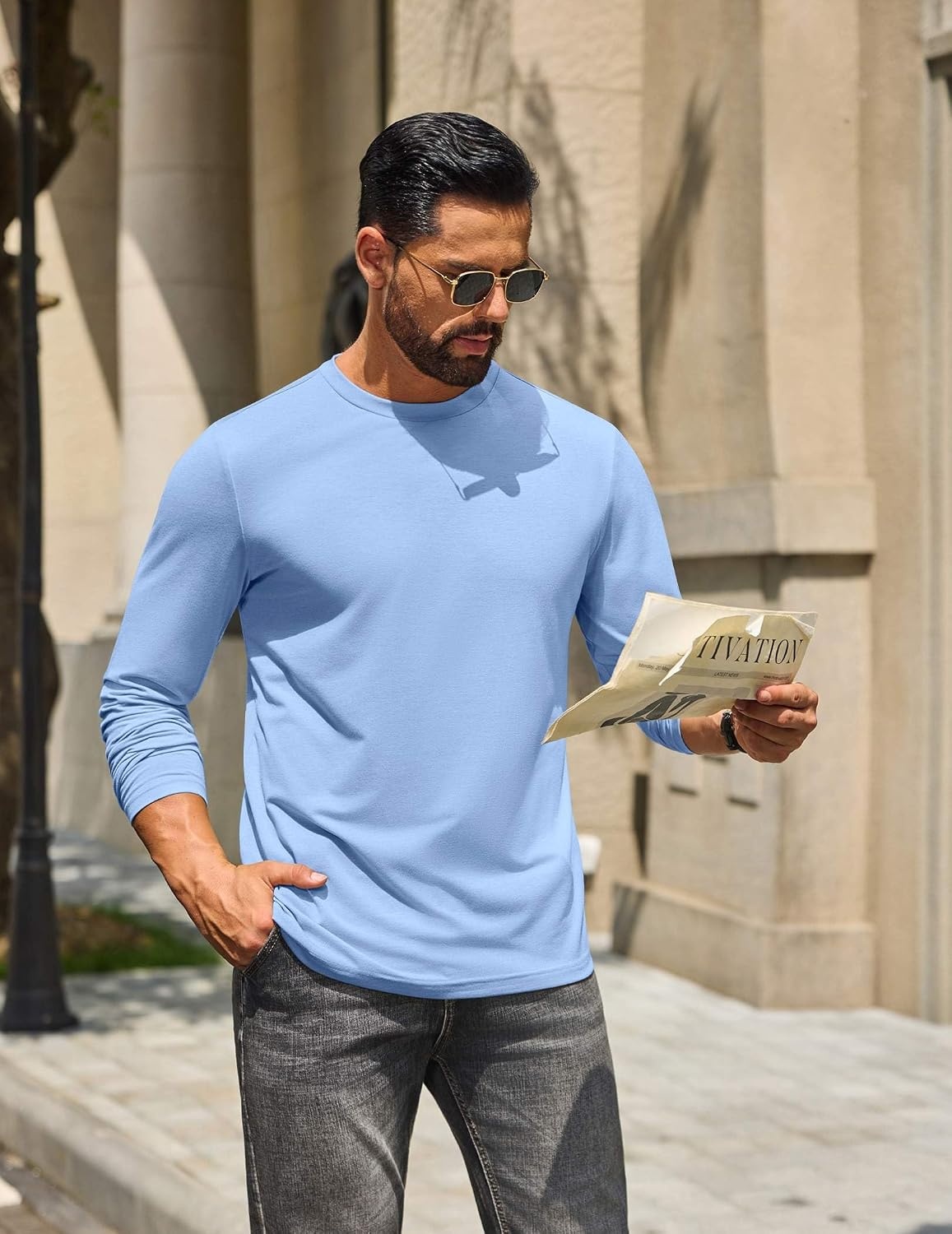 image:imageCOOFANDY Mens T Shirts Long Sleeve Cotton Blend TShirts Casual Crew Neck Soft Basic Tee ShirtsLight Blue