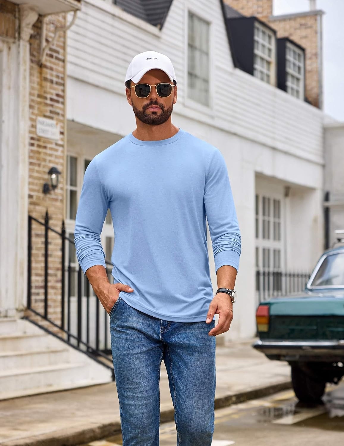 image:imageCOOFANDY Mens T Shirts Long Sleeve Cotton Blend TShirts Casual Crew Neck Soft Basic Tee ShirtsLight Blue