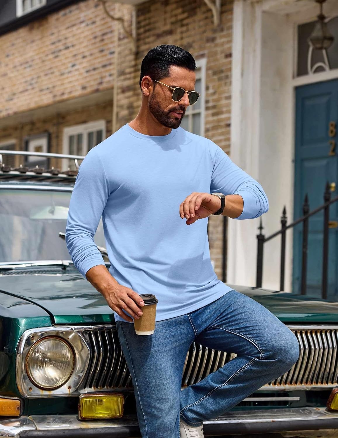 image:imageCOOFANDY Mens T Shirts Long Sleeve Cotton Blend TShirts Casual Crew Neck Soft Basic Tee ShirtsLight Blue