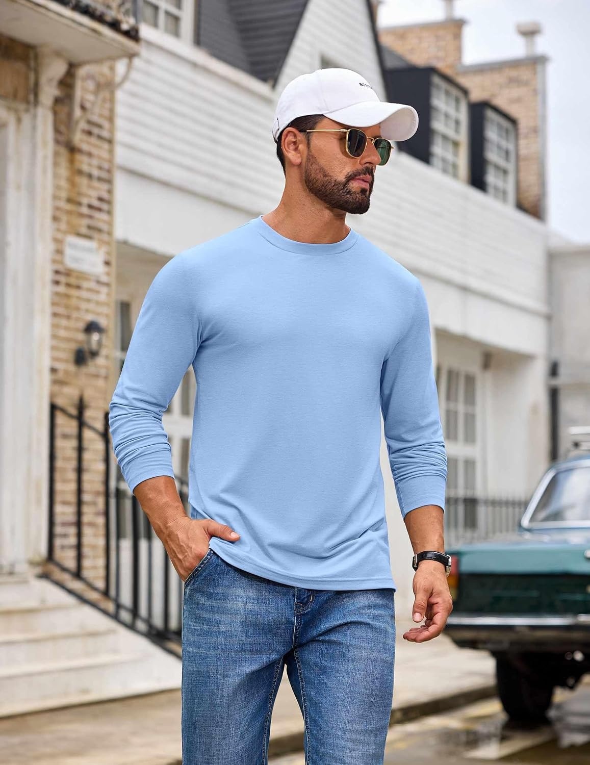 image:imageCOOFANDY Mens T Shirts Long Sleeve Cotton Blend TShirts Casual Crew Neck Soft Basic Tee ShirtsLight Blue