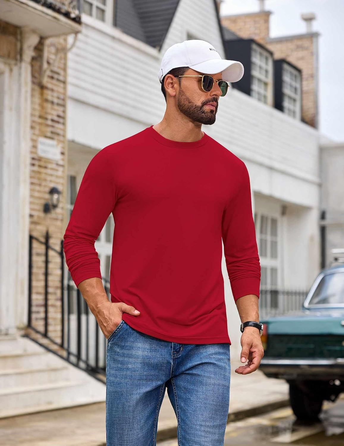 image:imageCOOFANDY Mens T Shirts Long Sleeve Cotton Blend TShirts Casual Crew Neck Soft Basic Tee ShirtsRed