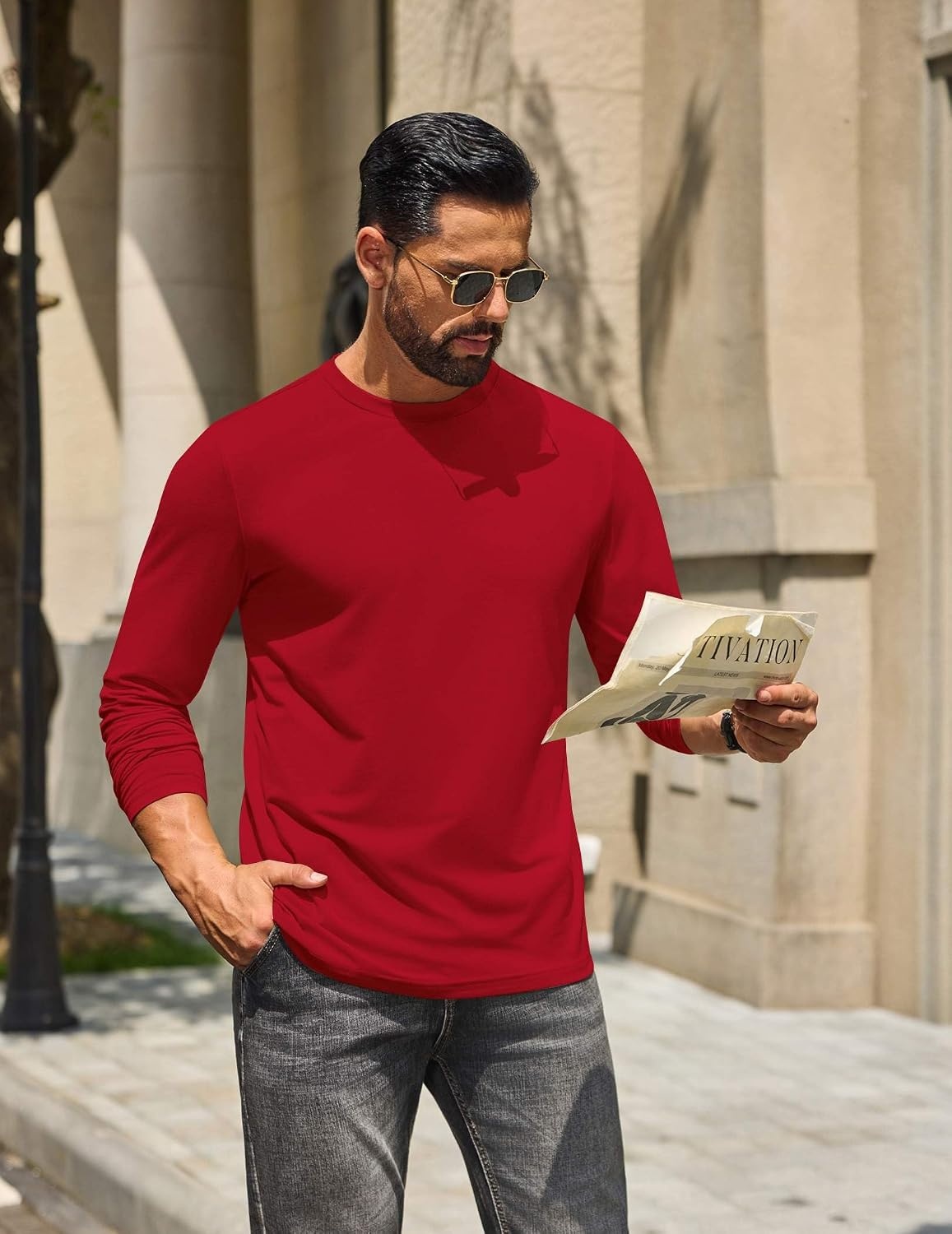 image:imageCOOFANDY Mens T Shirts Long Sleeve Cotton Blend TShirts Casual Crew Neck Soft Basic Tee ShirtsRed
