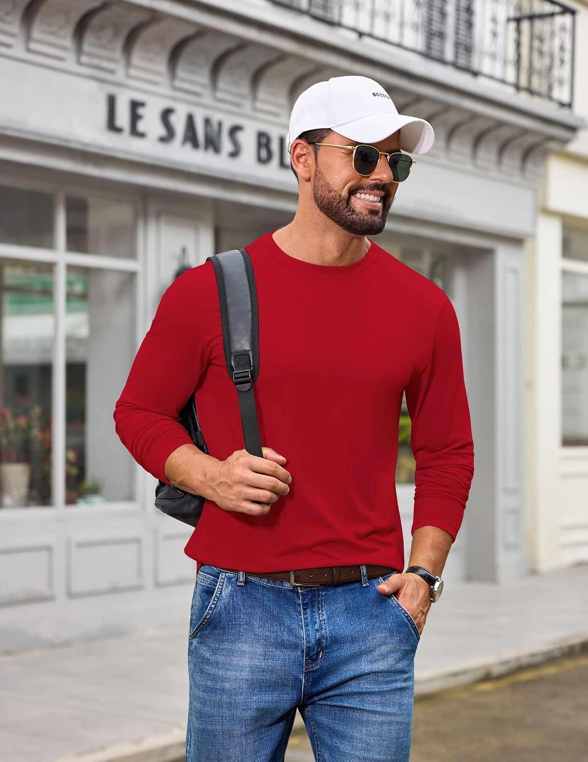 image:imageCOOFANDY Mens T Shirts Long Sleeve Cotton Blend TShirts Casual Crew Neck Soft Basic Tee ShirtsRed