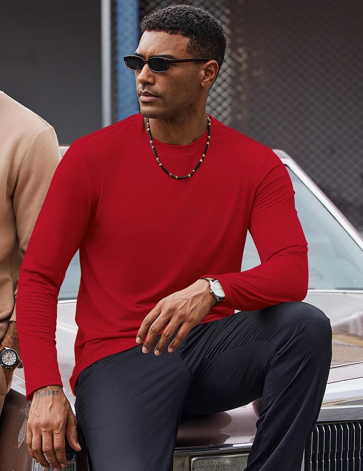 image:imageCOOFANDY Mens T Shirts Long Sleeve Cotton Blend TShirts Casual Crew Neck Soft Basic Tee ShirtsRed