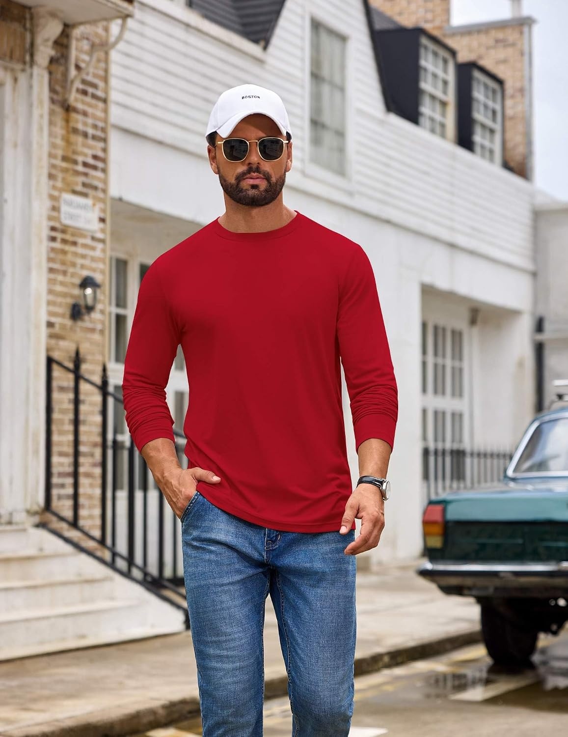 image:imageCOOFANDY Mens T Shirts Long Sleeve Cotton Blend TShirts Casual Crew Neck Soft Basic Tee ShirtsRed