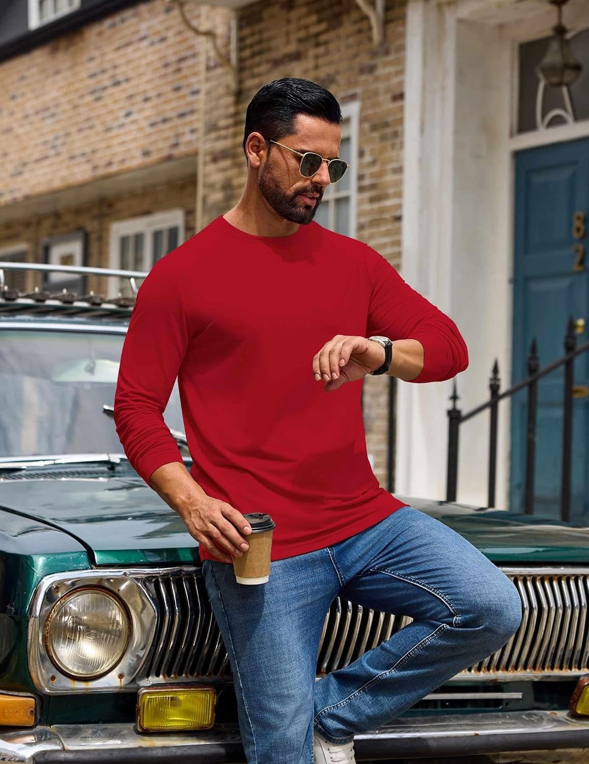 image:imageCOOFANDY Mens T Shirts Long Sleeve Cotton Blend TShirts Casual Crew Neck Soft Basic Tee ShirtsRed
