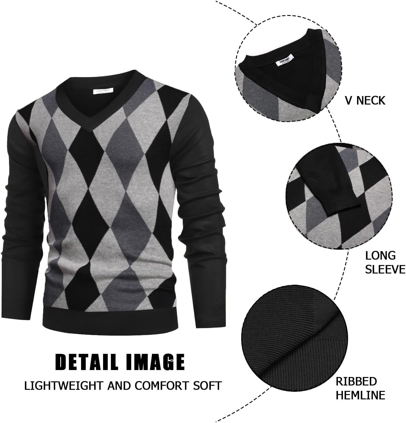 image:imageCOOFANDY Mens V Neck Dress Sweater Knit Long Sleeve Pullover SweatersBalck Grey Argyle