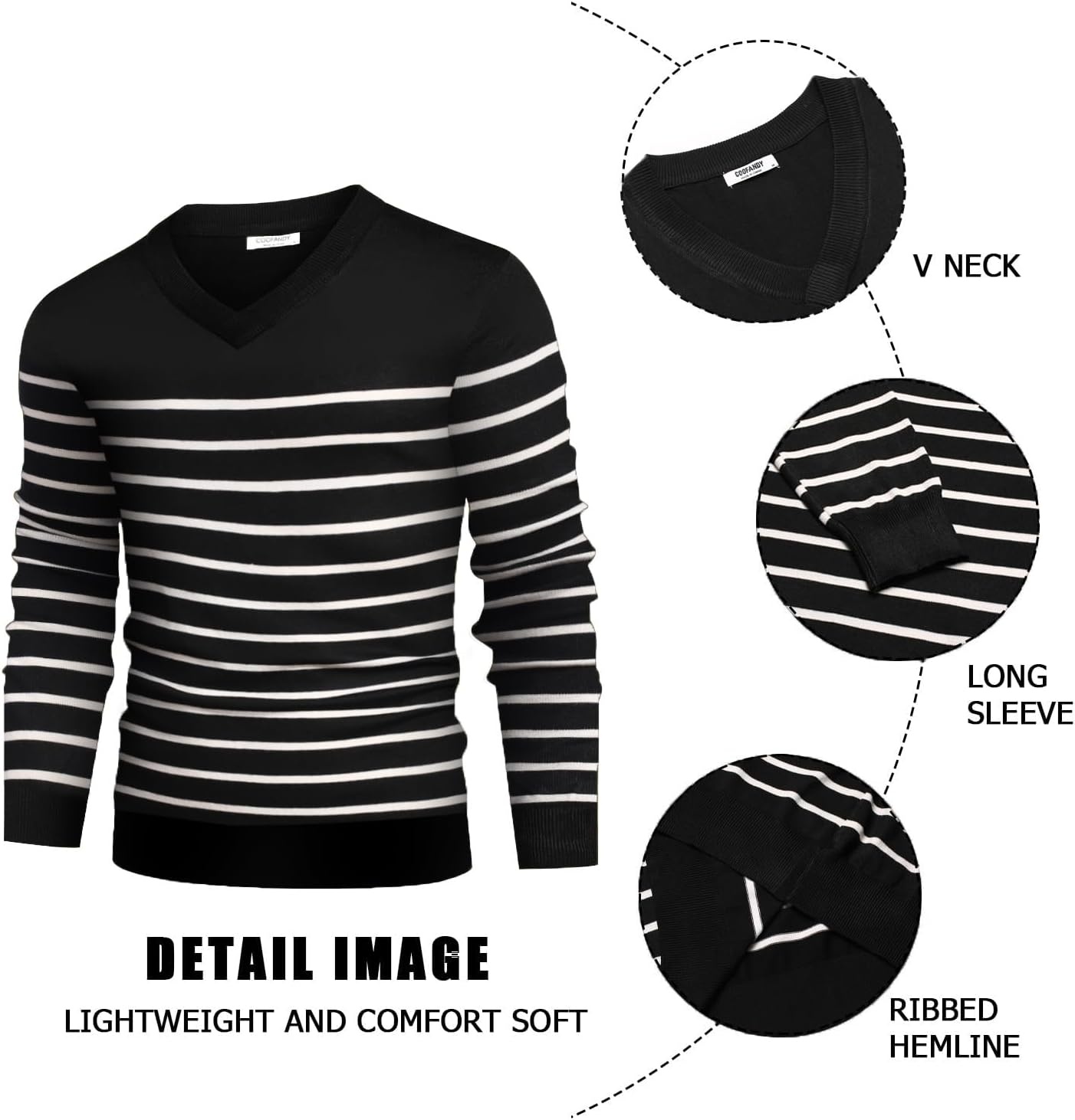 image:imageCOOFANDY Mens V Neck Dress Sweater Knit Long Sleeve Pullover SweatersBalck White Stripe