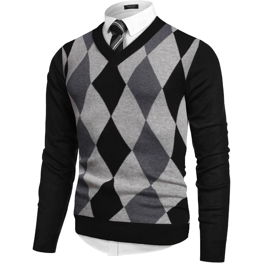 image:imageCOOFANDY Mens V Neck Dress Sweater Knit Long Sleeve Pullover SweatersBalck Grey Argyle