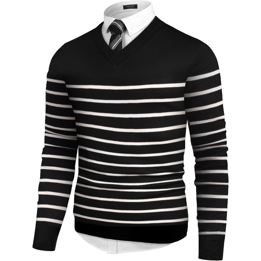 image:imageCOOFANDY Mens V Neck Dress Sweater Knit Long Sleeve Pullover SweatersBalck White Stripe