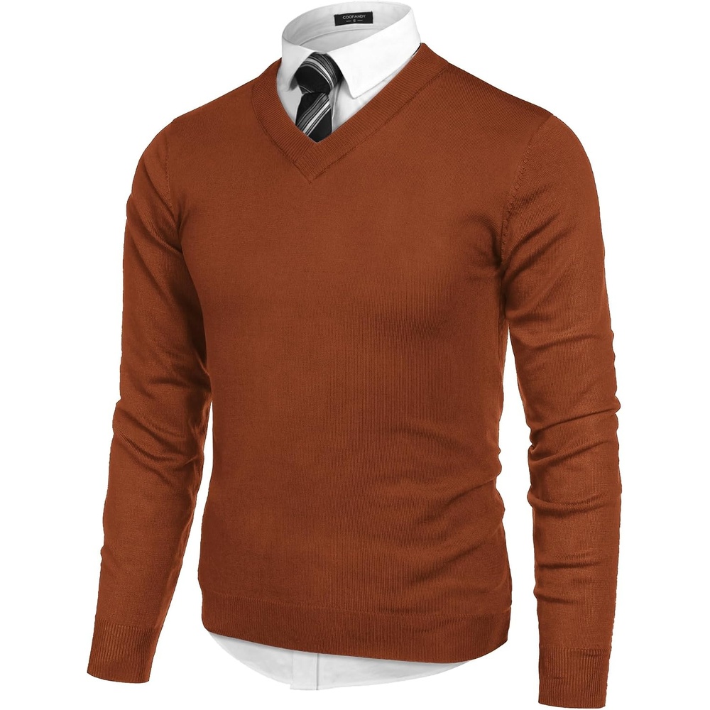 image:imageCOOFANDY Mens V Neck Dress Sweater Knit Long Sleeve Pullover SweatersDark Brown