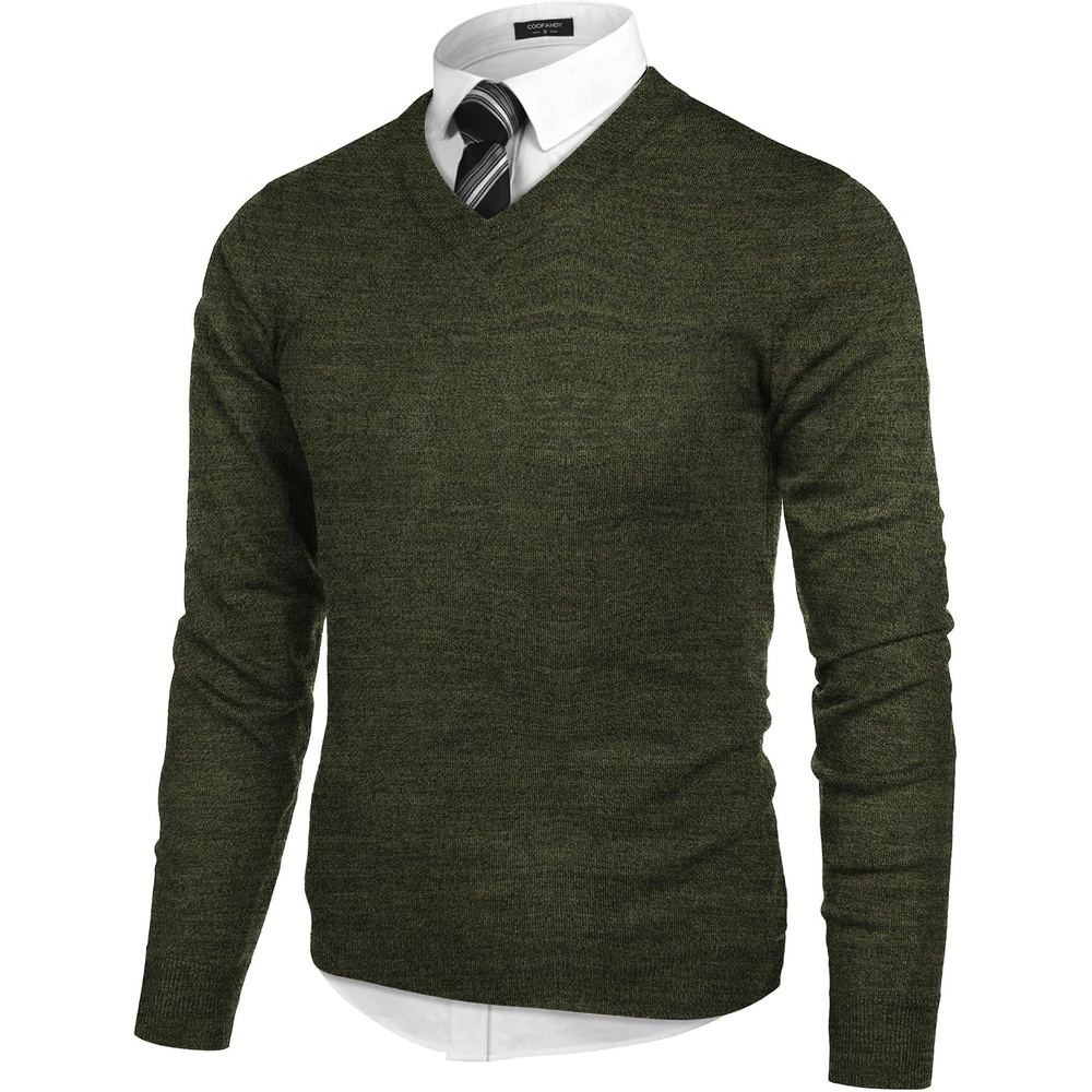 image:imageCOOFANDY Mens V Neck Dress Sweater Knit Long Sleeve Pullover SweatersDeep Army Green