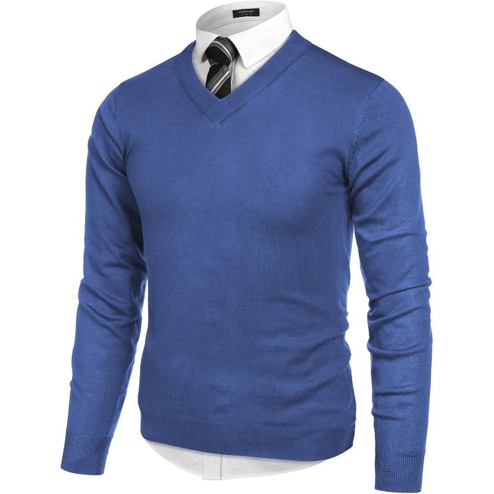 image:imageCOOFANDY Mens V Neck Dress Sweater Knit Long Sleeve Pullover SweatersDenim Blue
