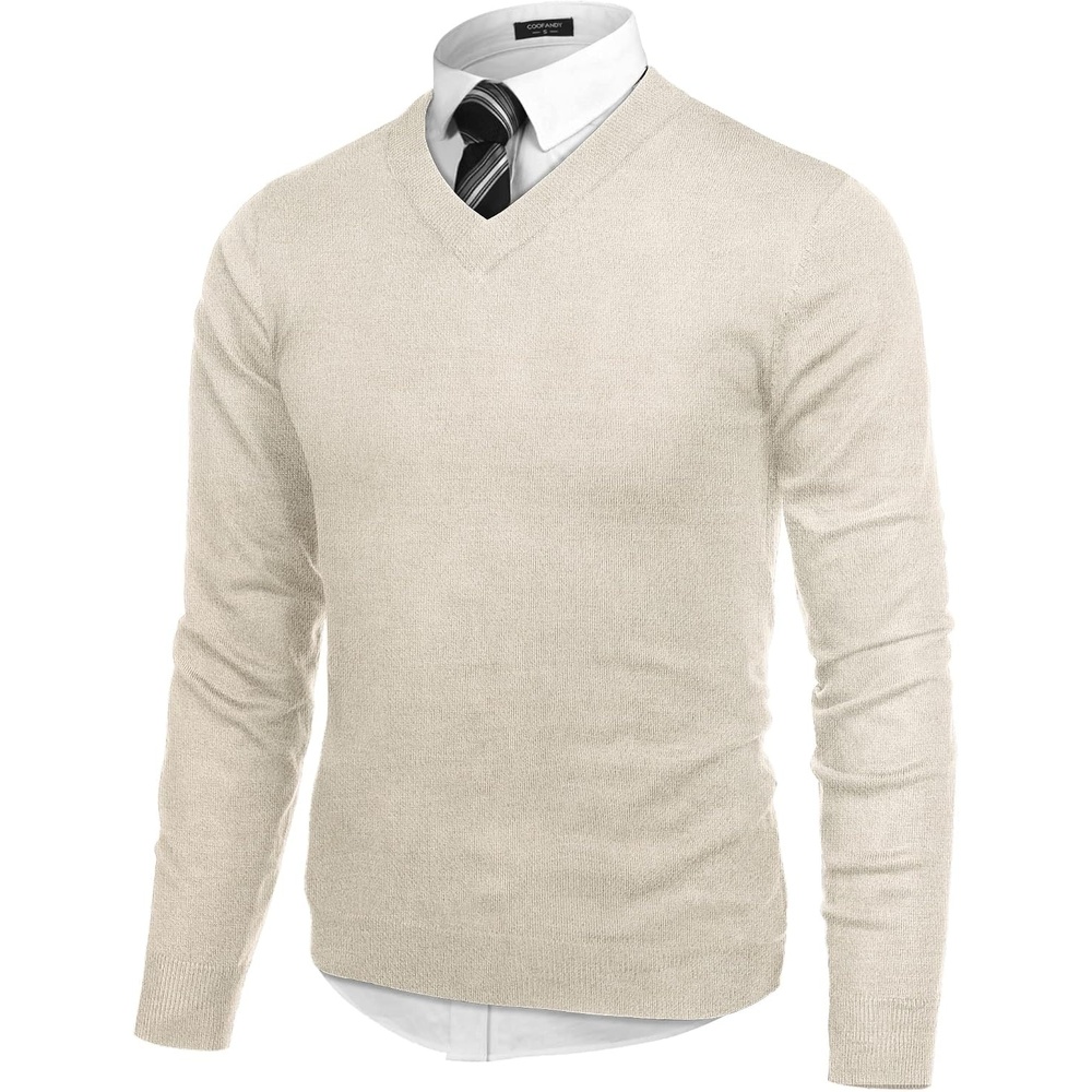 image:imageCOOFANDY Mens V Neck Dress Sweater Knit Long Sleeve Pullover SweatersKhaki