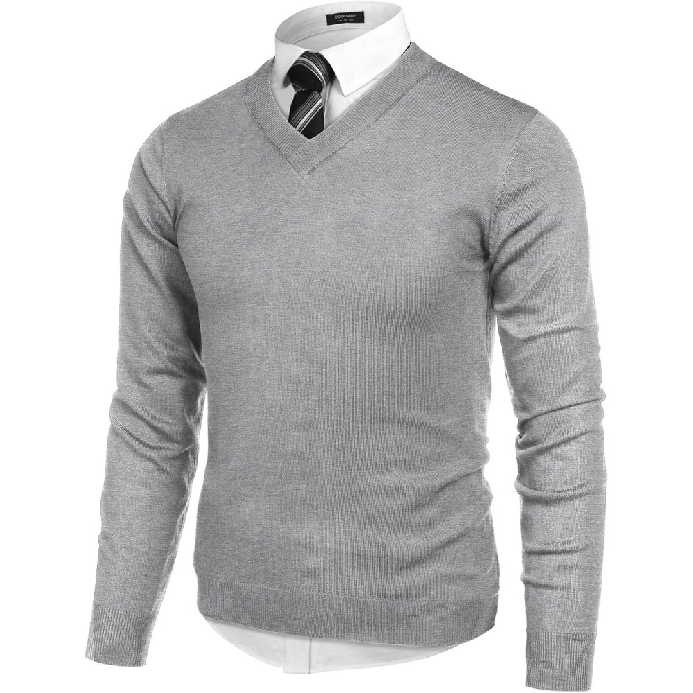 image:imageCOOFANDY Mens V Neck Dress Sweater Knit Long Sleeve Pullover SweatersLight Grey