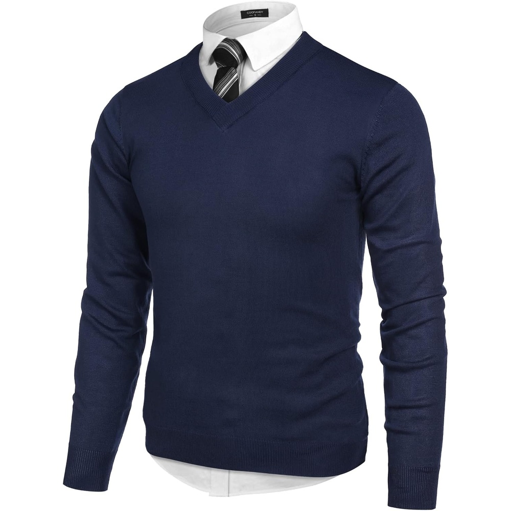 image:imageCOOFANDY Mens V Neck Dress Sweater Knit Long Sleeve Pullover SweatersNavy Blue