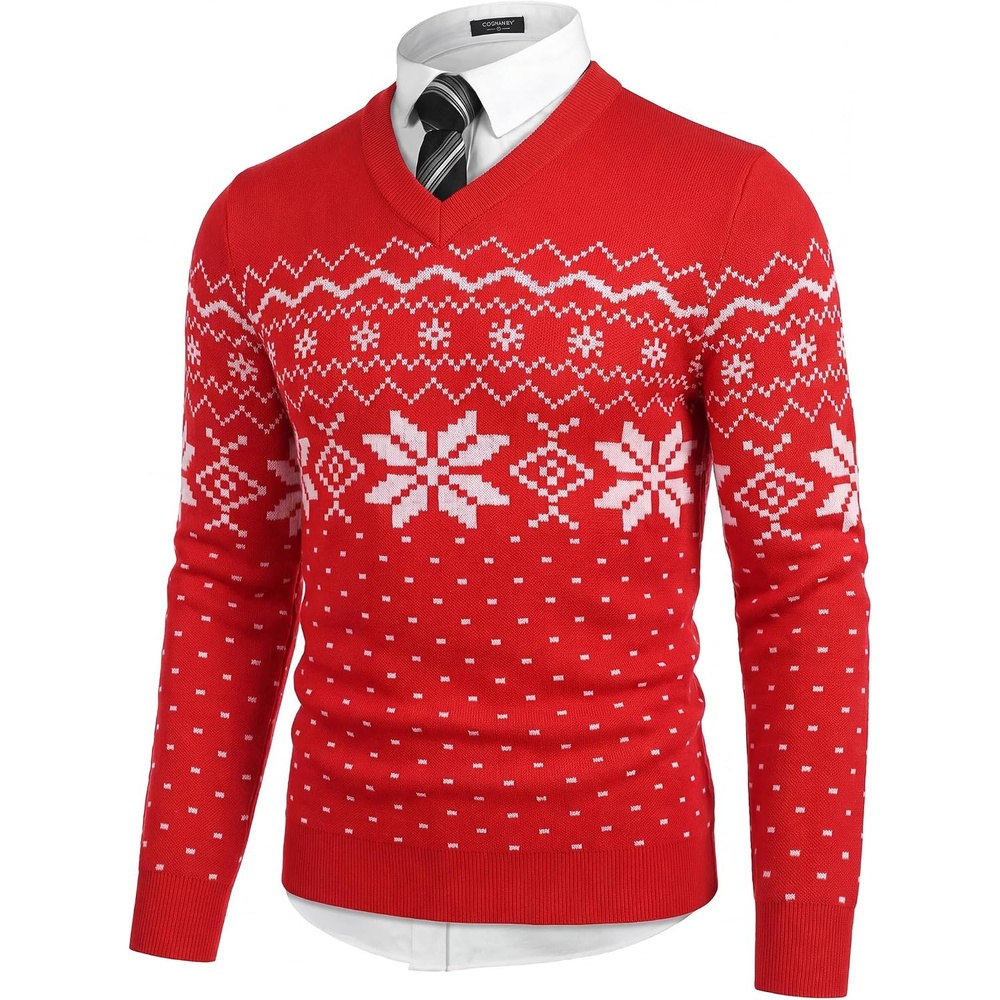 image:imageCOOFANDY Mens V Neck Dress Sweater Knit Long Sleeve Pullover SweatersRedwhite