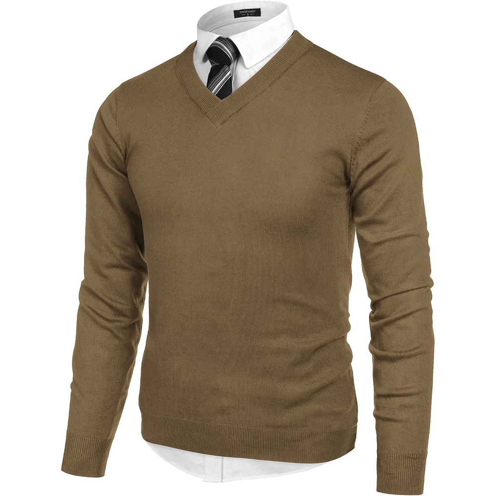 image:imageCOOFANDY Mens V Neck Dress Sweater Knit Long Sleeve Pullover SweatersWhitebrown
