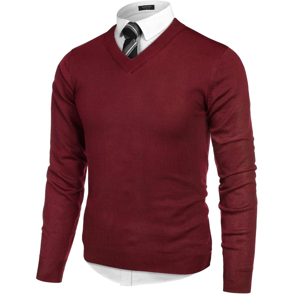 image:imageCOOFANDY Mens V Neck Dress Sweater Knit Long Sleeve Pullover SweatersWine Red and Black