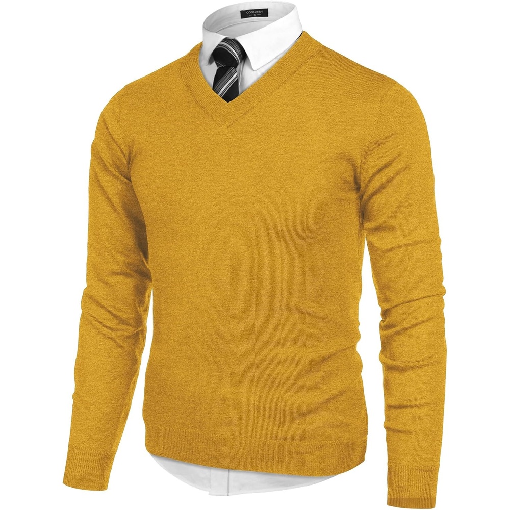 image:imageCOOFANDY Mens V Neck Dress Sweater Knit Long Sleeve Pullover SweatersYellow