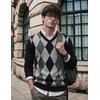 COOFANDY Mens V Neck Dress Sweater Knit Long Sleeve Pullover Sweaters(Balck Grey Argyle)