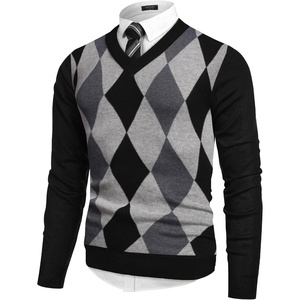 COOFANDY Mens V Neck Dress Sweater Knit Long Sleeve Pullover Sweaters(Balck Grey Argyle)
