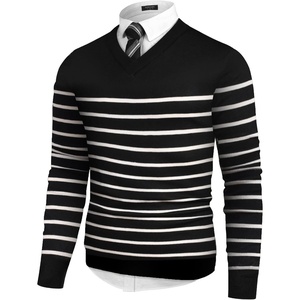 COOFANDY Mens V Neck Dress Sweater Knit Long Sleeve Pullover Sweaters(Balck White Stripe)