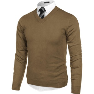 COOFANDY Mens V Neck Dress Sweater Knit Long Sleeve Pullover Sweaters(White-brown)