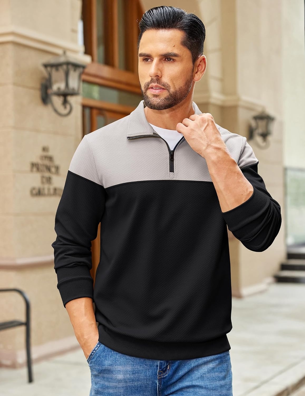 image:imageCOOFANDY Mens Quarter Zip Pullover Sweatshirt Casual Mock Neck Sweater 2026Color Block Grey Black