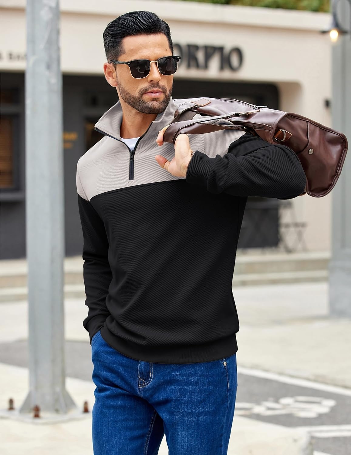image:imageCOOFANDY Mens Quarter Zip Pullover Sweatshirt Casual Mock Neck Sweater 2026Color Block Grey Black