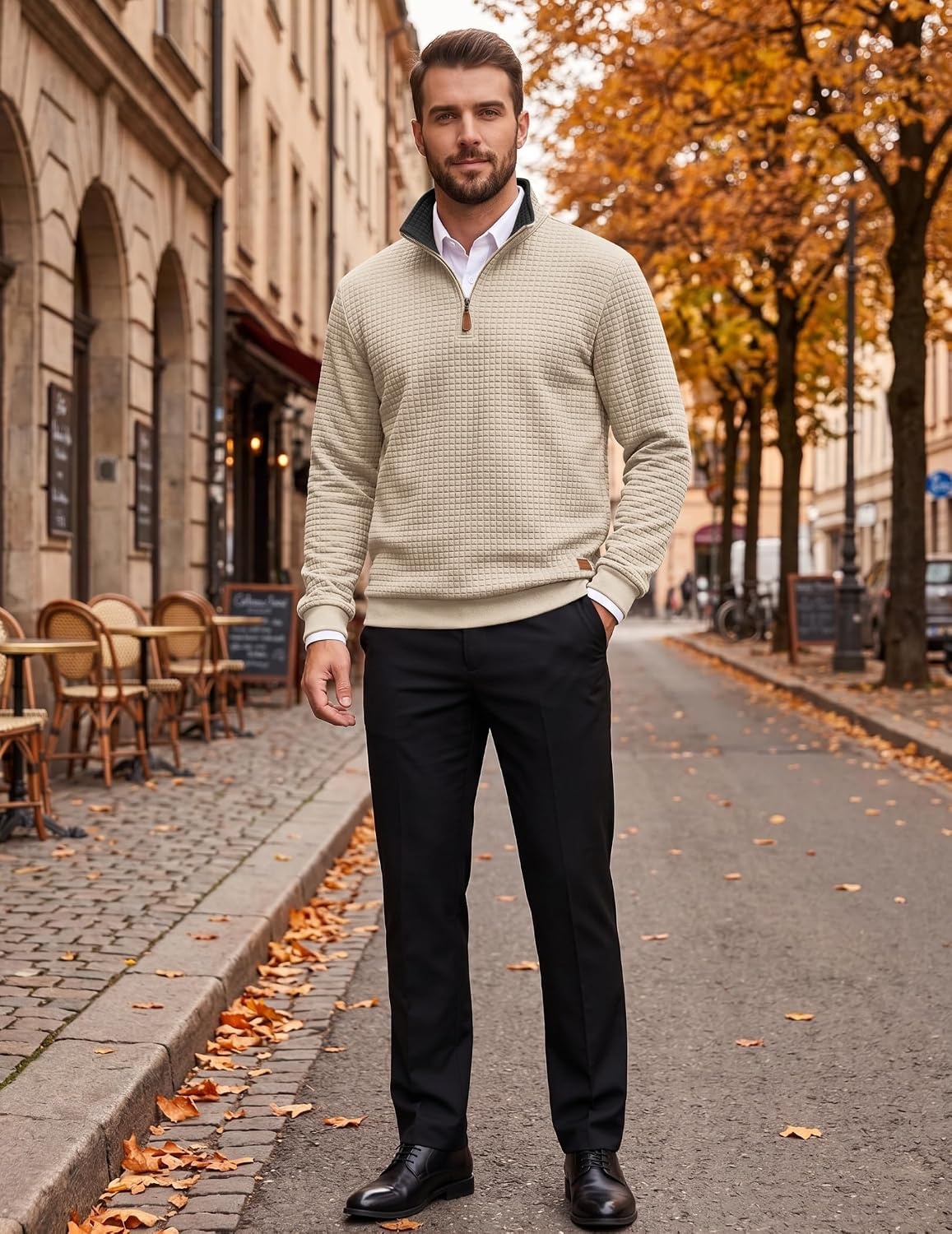 image:imageCOOFANDY Mens Quarter Zip Pullover Sweatshirts 14 Zip Long Sleeve SweaterZcontrast BlackKhaki