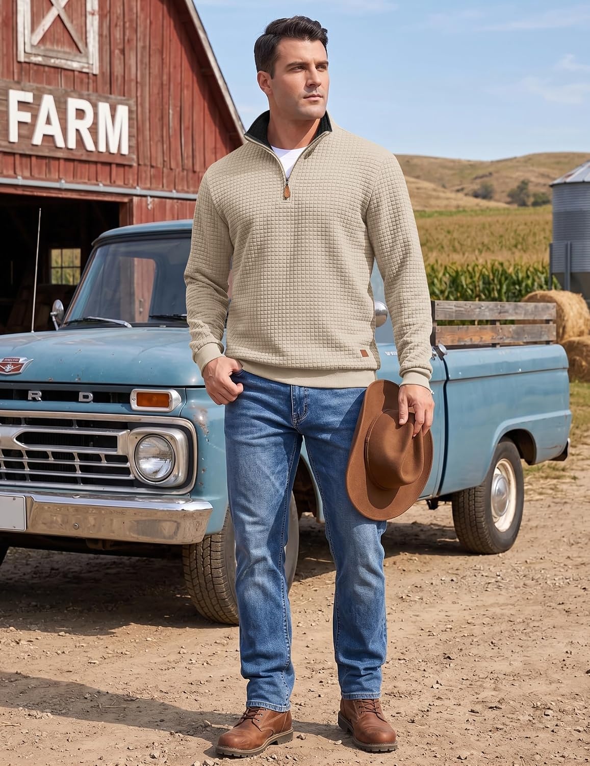 image:imageCOOFANDY Mens Quarter Zip Pullover Sweatshirts 14 Zip Long Sleeve SweaterZcontrast BlackKhaki