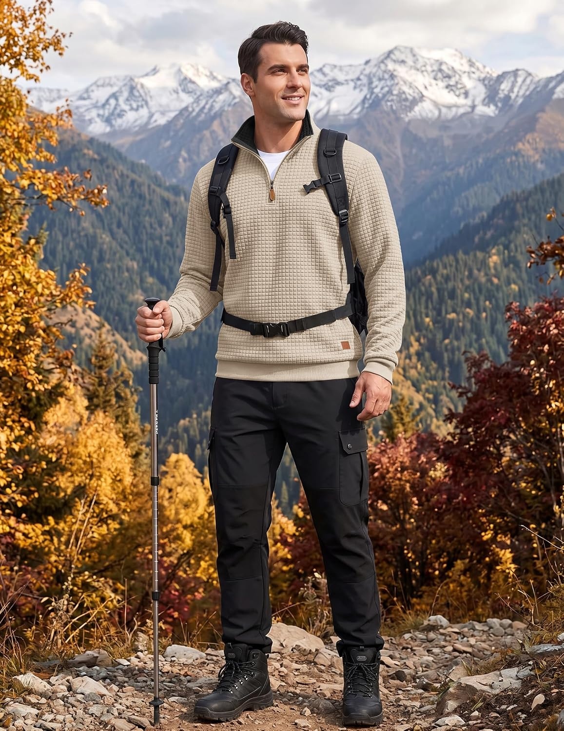 image:imageCOOFANDY Mens Quarter Zip Pullover Sweatshirts 14 Zip Long Sleeve SweaterZcontrast BlackKhaki