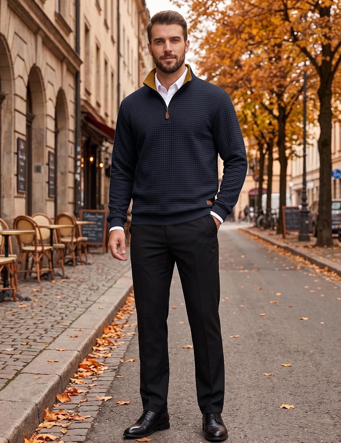 image:imageCOOFANDY Mens Quarter Zip Pullover Sweatshirts 14 Zip Long Sleeve SweaterZcontrast NavyBrown