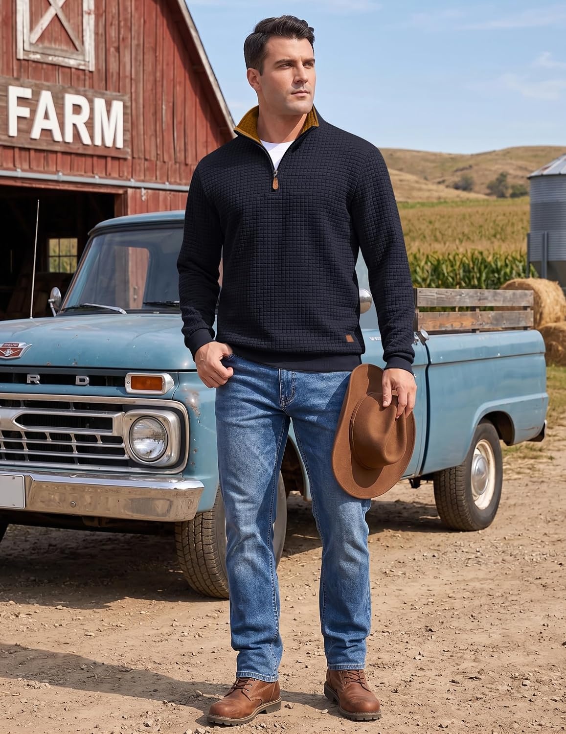 image:imageCOOFANDY Mens Quarter Zip Pullover Sweatshirts 14 Zip Long Sleeve SweaterZcontrast NavyBrown