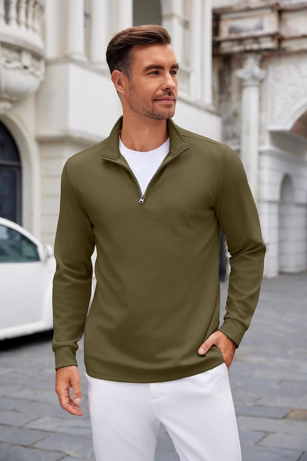 image:imageCOOFANDY Mens Quarter Zip Up Pullover Lightweight Mock Neck SweatshirtArmy Green