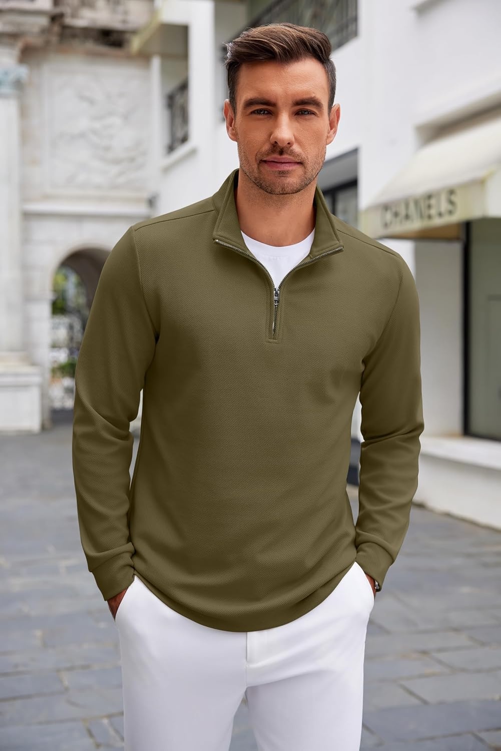 image:imageCOOFANDY Mens Quarter Zip Up Pullover Lightweight Mock Neck SweatshirtArmy Green