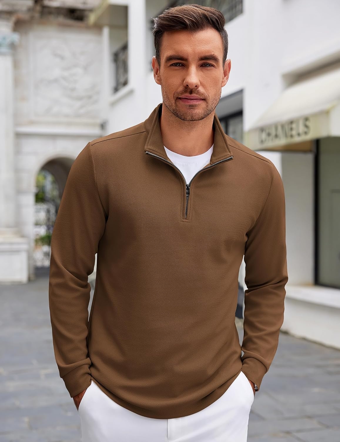image:imageCOOFANDY Mens Quarter Zip Up Pullover Lightweight Mock Neck SweatshirtBrown