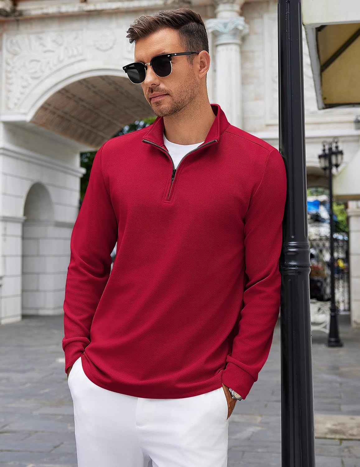 image:imageCOOFANDY Mens Quarter Zip Up Pullover Lightweight Mock Neck SweatshirtDark Red