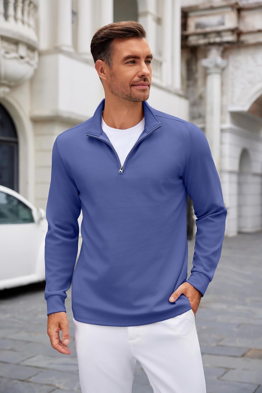 image:imageCOOFANDY Mens Quarter Zip Up Pullover Lightweight Mock Neck SweatshirtDenim Blue