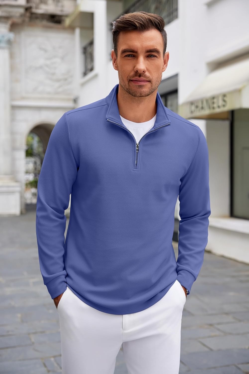image:imageCOOFANDY Mens Quarter Zip Up Pullover Lightweight Mock Neck SweatshirtDenim Blue